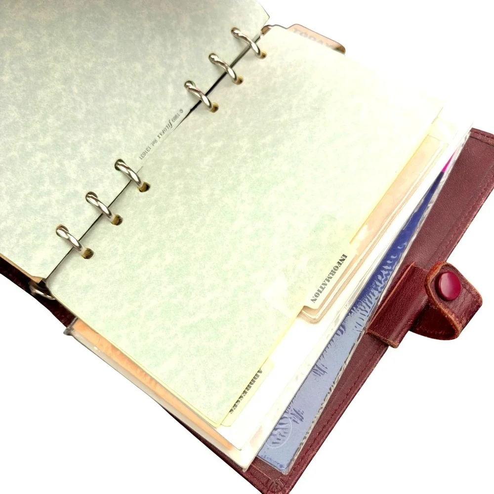 VTG Filofax Personal Organizer Planner Burgundy Leather 6 Ring Incerts Academia